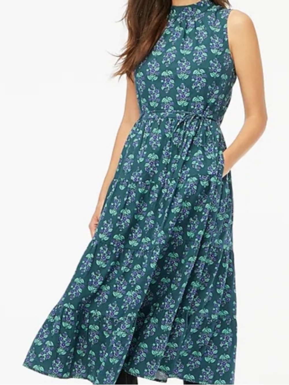 J. Crew Sleeveless Floral Tie-Waist Midi Dress with Green and Purple Print